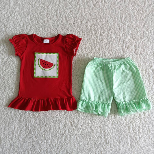 Promotion Baby Girl Short Sleeves Embroidery Watermelon Shirt Green Plaid Shorts Set