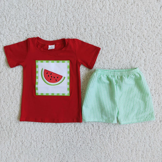 Promotion Baby Boy Embroidery Watermelon Red Shirt Green Plaid Shorts Set