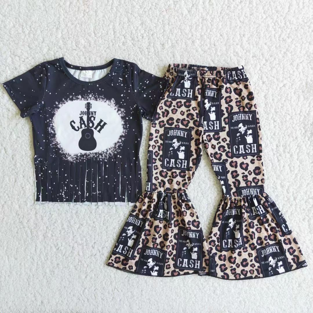 Promotion Baby Girl Singer Leopard Bell Pants Music Guitar Tassel Outfit