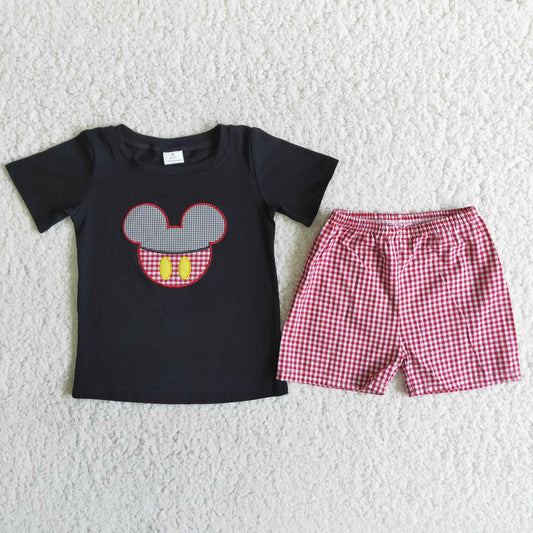 Promotion Baby Boy Short Sleeves Embroidery Mouse Shirt Red Plaid Shorts Outfit