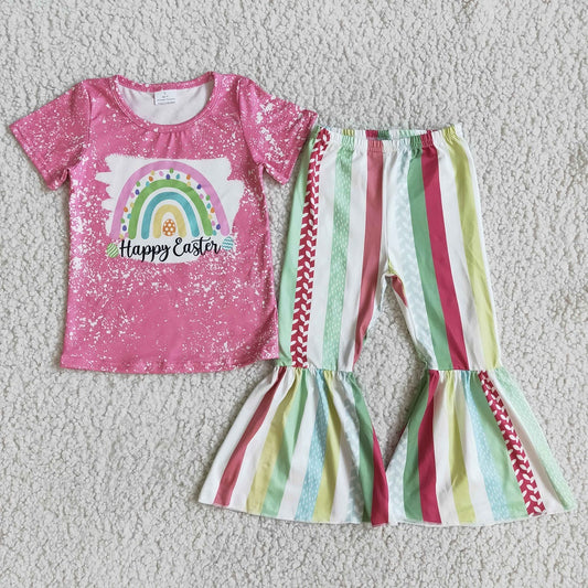 Promotion D5-19 Happy Easter Baby Girl Rainbow Stripes Bell Pants Set