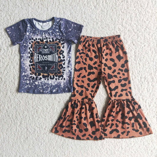 Promotion D5-20 Baby Girl Short Sleeves Shirt Leopard Bell Pants Set