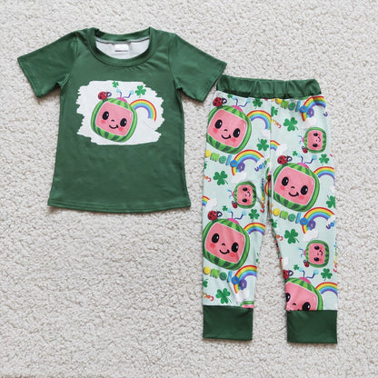 Promotion D9-2 Baby Girl Short Sleeves Shirt Bell Pants St. Patrick's Day Melon Green Set