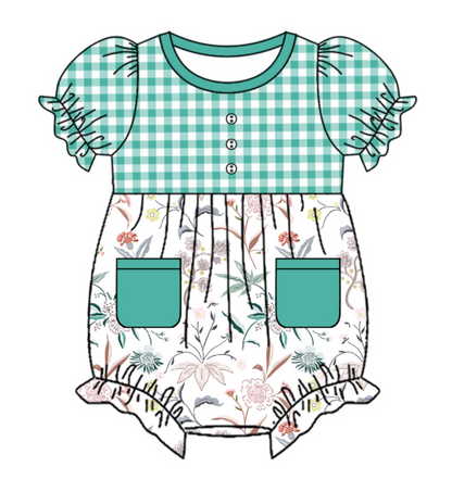 Baby Girl Short Sleeves Flower Green Plaid Sibling Romper Dress Clothes Set ( Moq 5 Each Design )11.19
