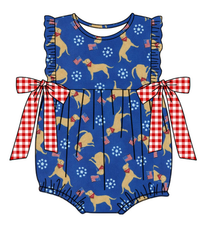 Baby Boy Girl July 4th Dog Sibling Matching Green Dress Romper Clothes Set ( Moq 5 Each style )