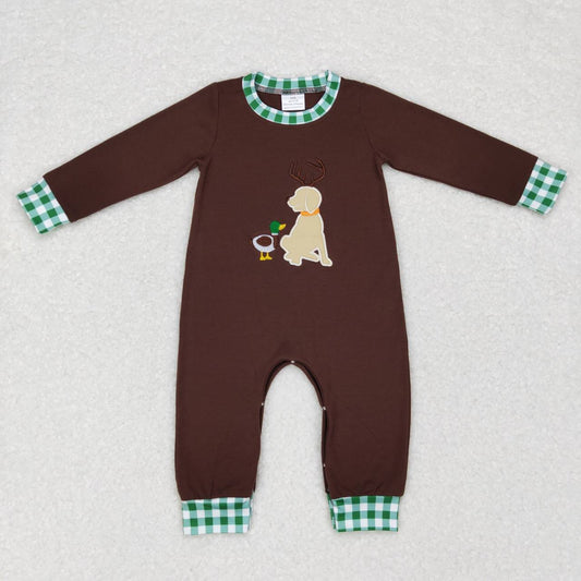 LR0591 Baby Boy Long Sleeves Embroidery Duck Dog Hunting One Piece Christmas Romper