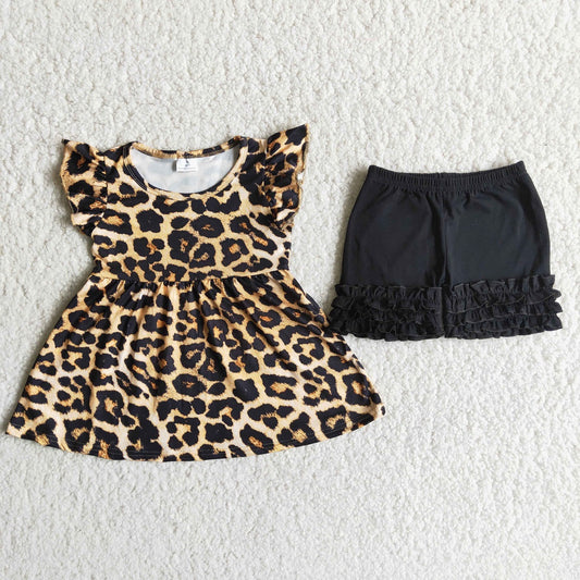 Promotion Baby Girl Short Sleeves Leopard Tops Black Shorts Set