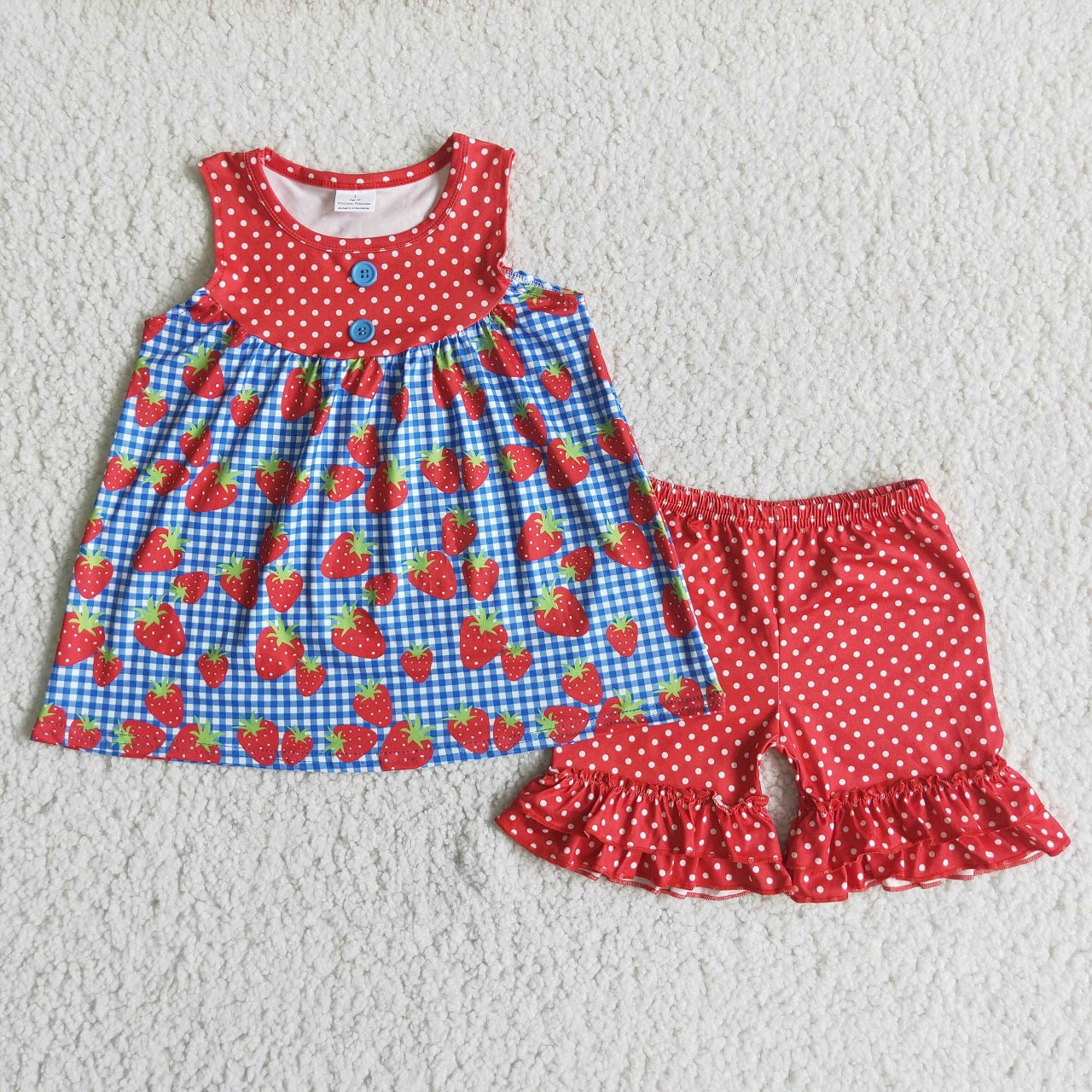 Promotion Baby Girl Summer Sleeveless Strawberry Tops Dots Shorts Set