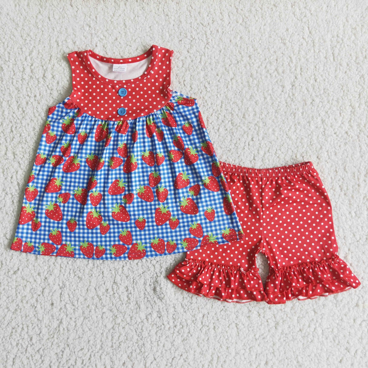 Promotion Baby Girl Summer Sleeveless Strawberry Tunic Dots Red Shorts Set
