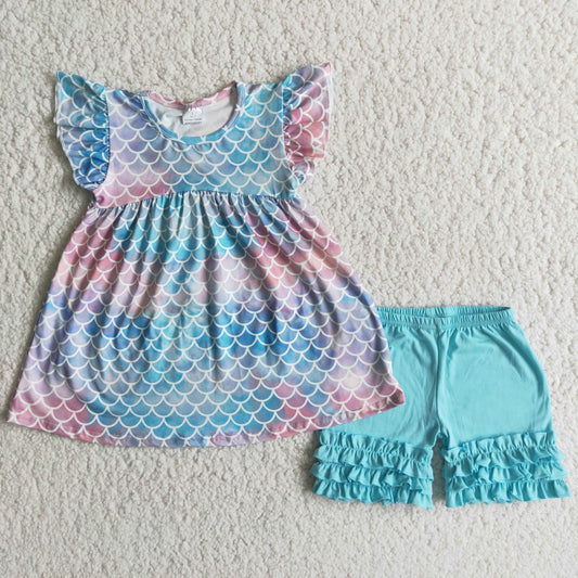 Promotion  Baby Girl Short Sleeves Mermaid Tunic Ruffle Blue Shorts Summer Outfit RTS