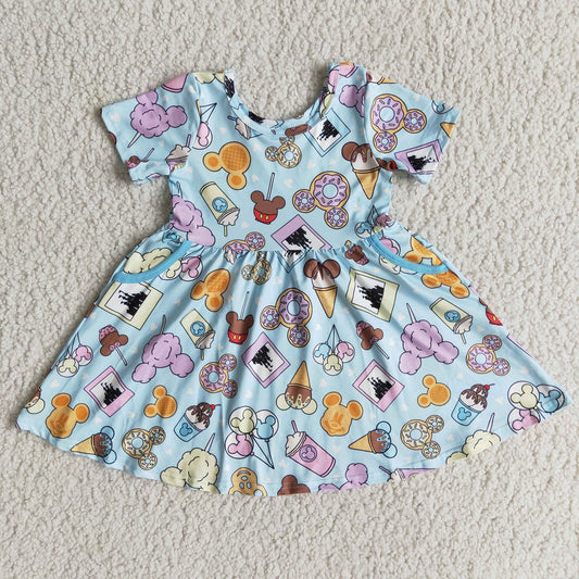 Promotion D6-5 Baby Girl Short Sleeves Pocket Cartoon Blue Twirl Dress