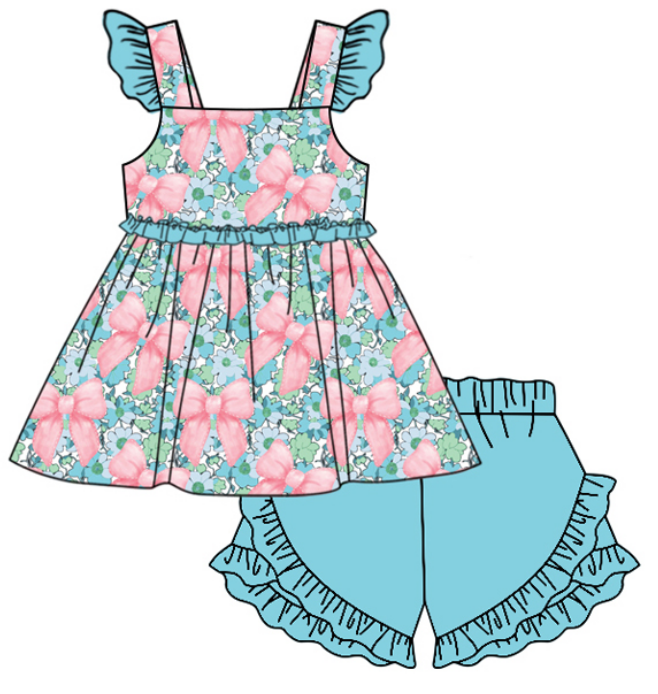 Baby Girl Flower Bows Sibling Matching Dress Romper Blue Clothes Set ( Moq 5 Each style )