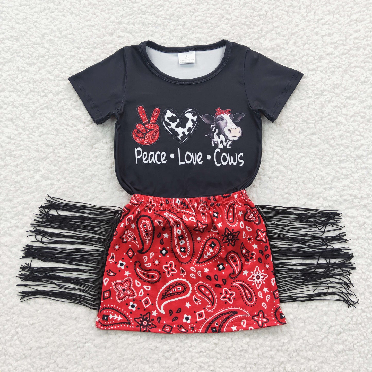 Promotion Baby Girl Peace Love Cows Black Shirt Tassel Skirt Summer Outfit