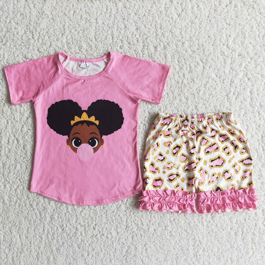 Promotion Summer Pink Short Sleeves Shirt Leopard Shorts Black Girl Set