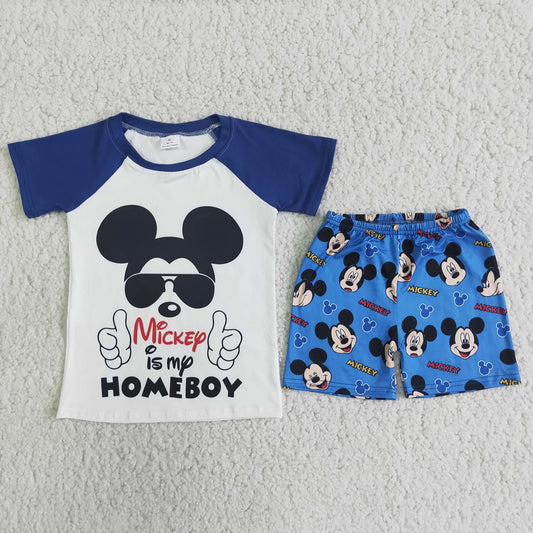 Promotion Baby Boy Short Sleeves Shirt Blue Shorts Summer Mouse Set