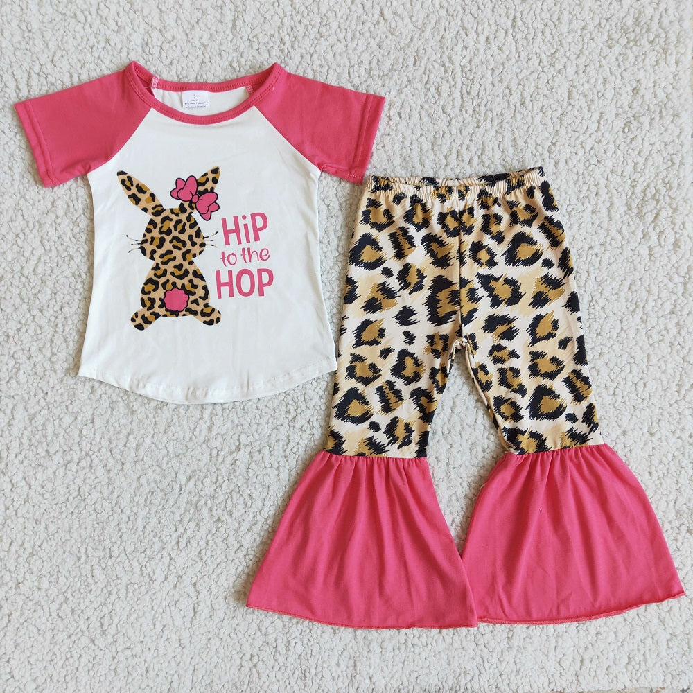 Promotion D7-17 Easter Baby Girl Rabbit Shirt Leopard Bell Pants Set