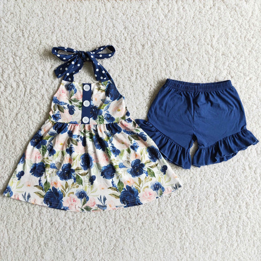 Promotion Baby Girl Summer Flower Tunic Ruffle Blue Shorts Set