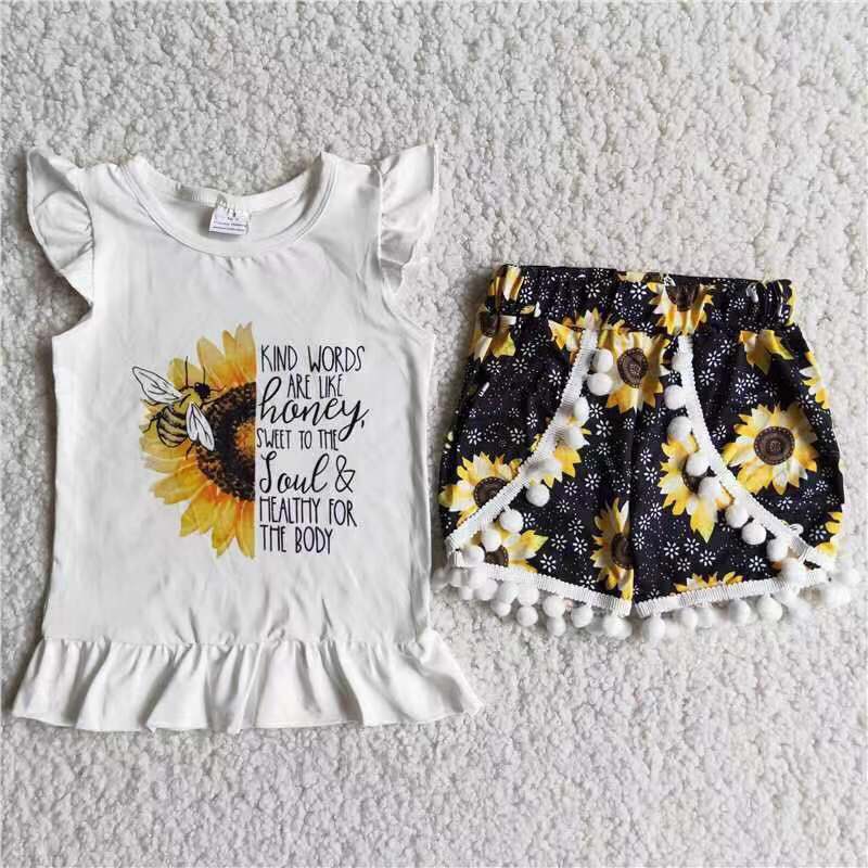 Promotion Baby Girl Summer Bee Shirt Sunflower Shorts Outfit