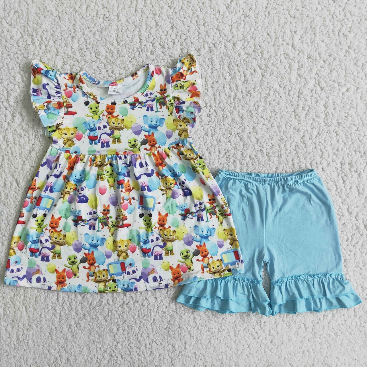 Promotion Baby Girl Summer Cartoon Animals Tunic Blue Shorts Outfit