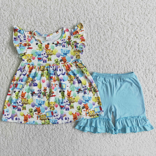 Promotion Baby Girl Summer Cartoon Animals Tunic Blue Shorts Outfit