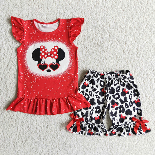 Promotion Baby Girl Summer Red Cotton Shirt Leopard Shorts Outfit