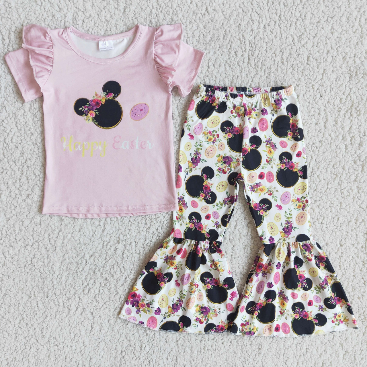 Promotion D7-3 Baby Girl Short Sleeves Easter Cartoon Shirt Eggs Floral Bell Pants Set