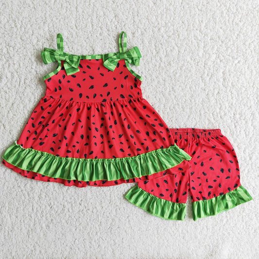 Promotion Baby Girl Watermelon Red Ruffle Shorts Summer Outfit