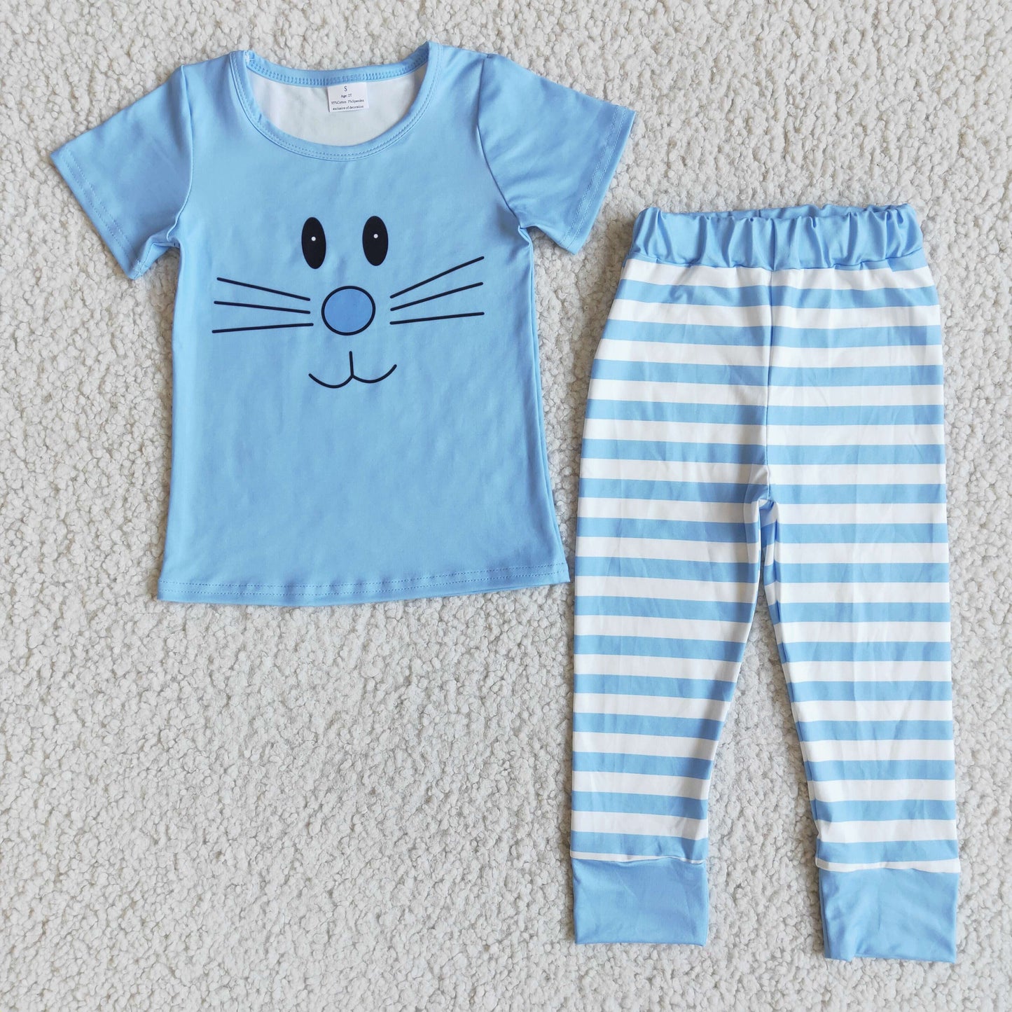 Promotion Baby Boy Short Sleeves Easter Rabbit Shirt Stripes Pants Blue Set