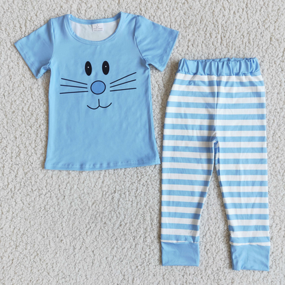 Promotion D7-5 Baby Boy Short Sleeves Easter Rabbit Shirt Stripes Pants Blue Set