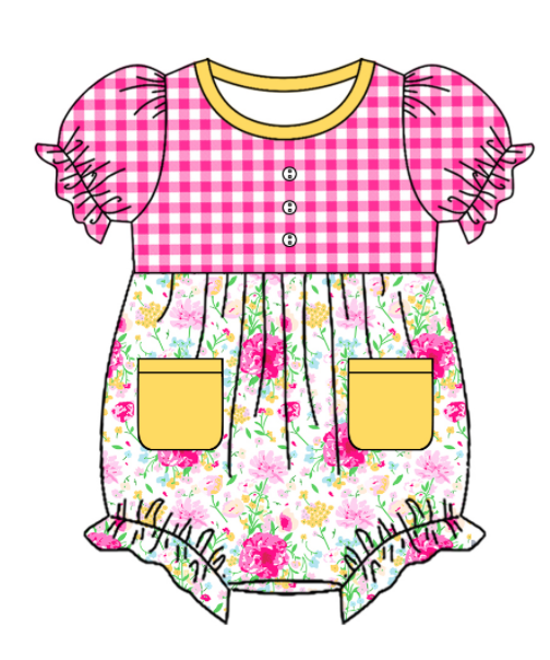 Baby Girl Short Sleeves Flower Pink Plaid Sibling Romper Dress Clothes Set ( Moq 5 Each Design )11.19