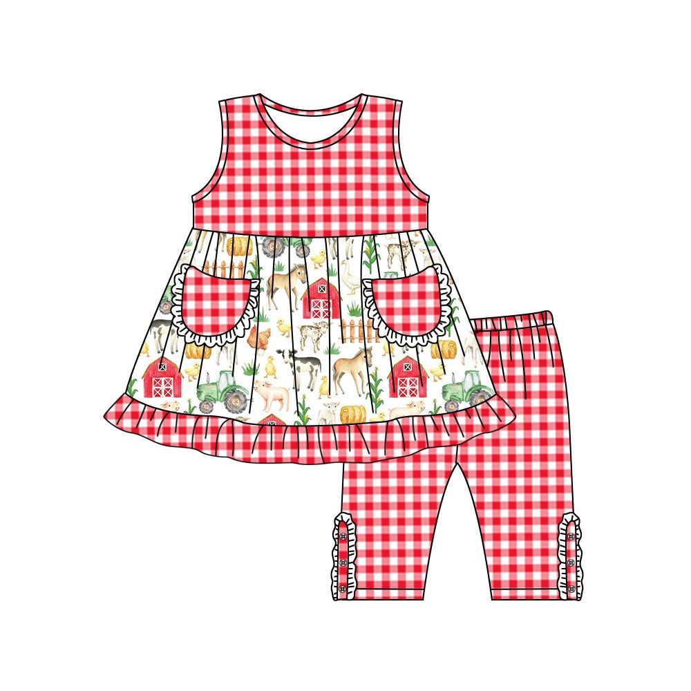 Moq 3 Pre-order GSSO0852 Baby Girls Sleeveless Farm Print Tunic Plaid Capris Set