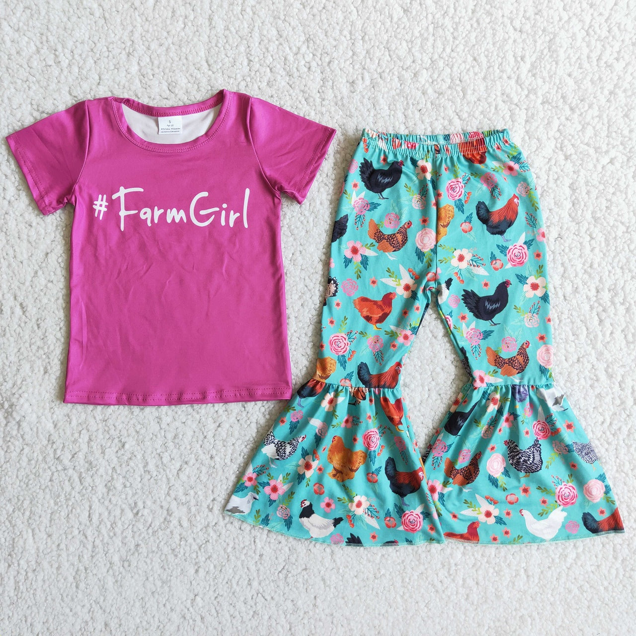 Promotion D8-12 Short Sleeves Farm Girl Shirt Chicken Floral Bell Pants Set