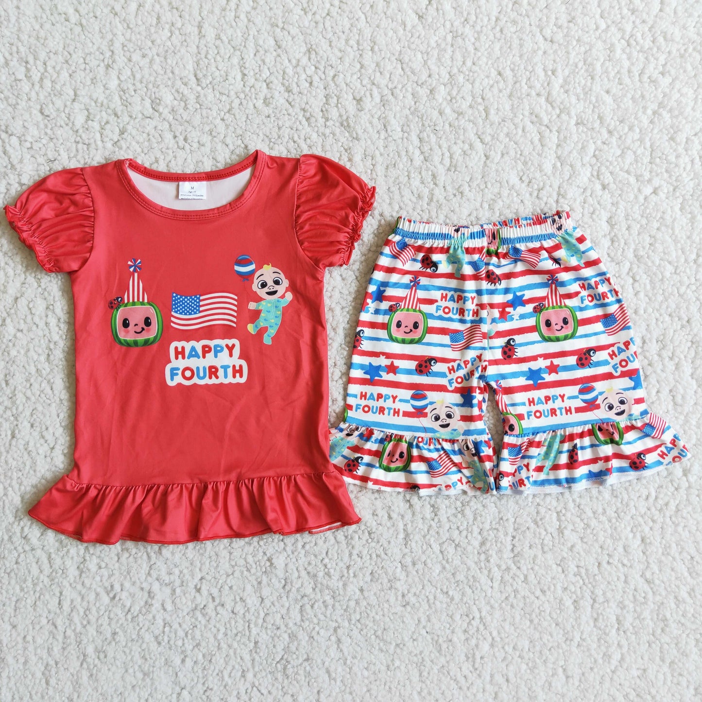 Promotion Baby Girl Short Sleeves Melon Shirt Shorts July 4th Set