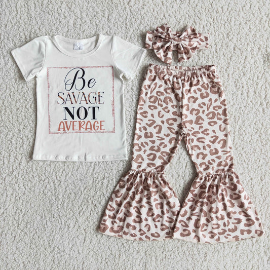 Promotion D8-16 Baby Girl Be Savage not average Shirt Leopard Bell Pants Set