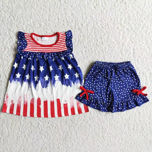 Promotion Baby Girl Short Sleeves Stars Stripes Tops Blue Shorts July 4th Set