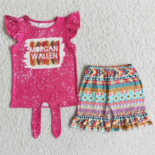 Promotion Baby Girl Summer Pink Short Sleeves Shirt Aztec Shorts Singer Outfit