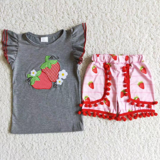 Promotion Baby Girl Summer Embroidery Strawberry Shorts Outfit