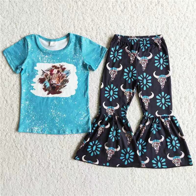 Promotion Baby Girl Western Cow Shirt Bell Pants Outfit