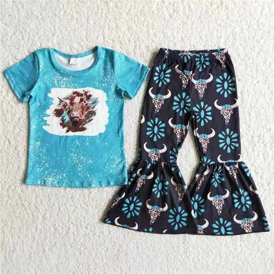 Promotion D8-28 Baby Girl Western Cow Shirt Bell Pants Outfit