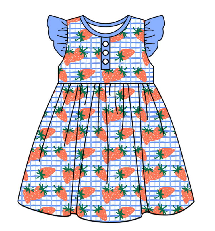 Baby Girl Strawberry Plaid Sibling Romper Dress Summer Clothes Set ( Moq 5 Each Design )