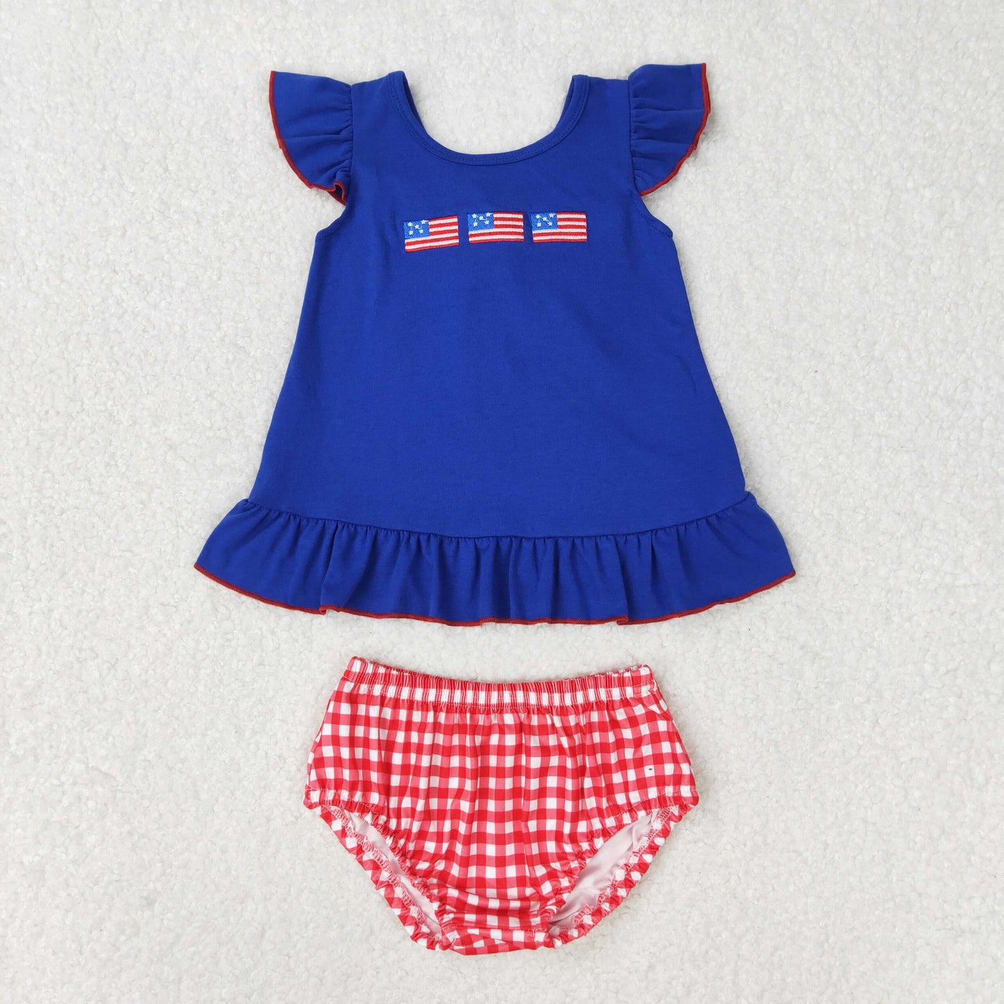 Baby Girl Embroidery Flags Blue Tops Bummies Red Plaid Shorts July 4th Set