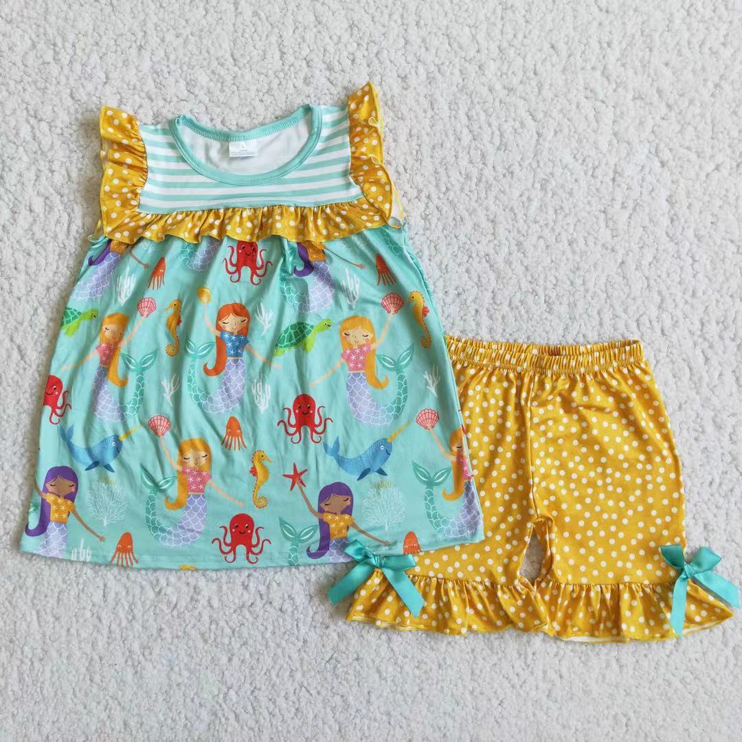 Promotion Baby Girl Mermaid Tops Stripes Shorts Summer Set