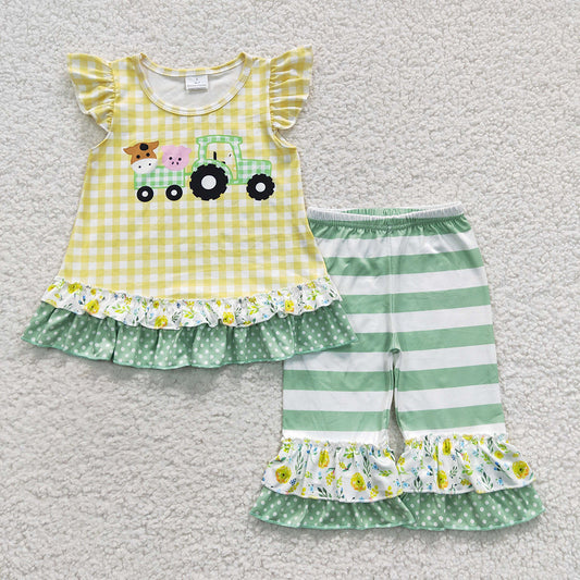 Promotion D9-12 Baby Girl Short Sleeves Cow Pig Tractor Striped Capri pants Outfit