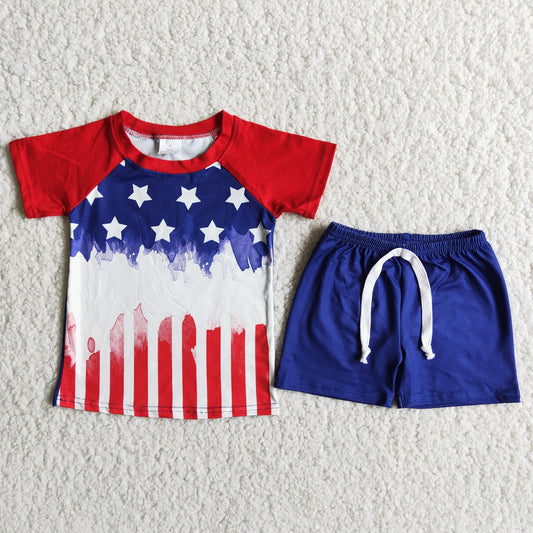 Promotion Baby Boy Short Sleeves Stars Stripes Shirt Blue Shorts July 4th Set