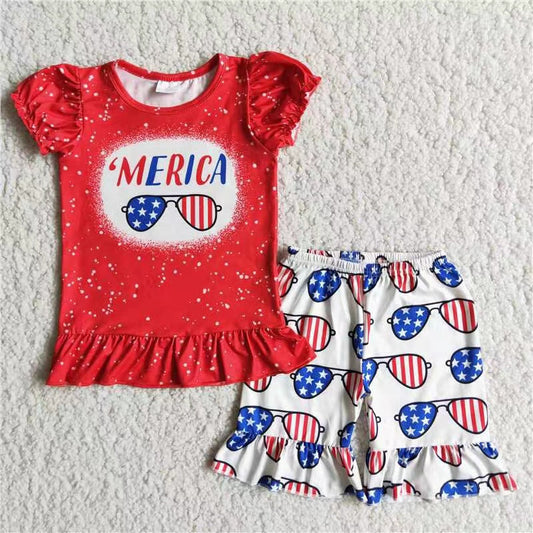 Promotion Baby Girl Red Short Sleeves Shirt Shorts July 4th Glasses Outfit