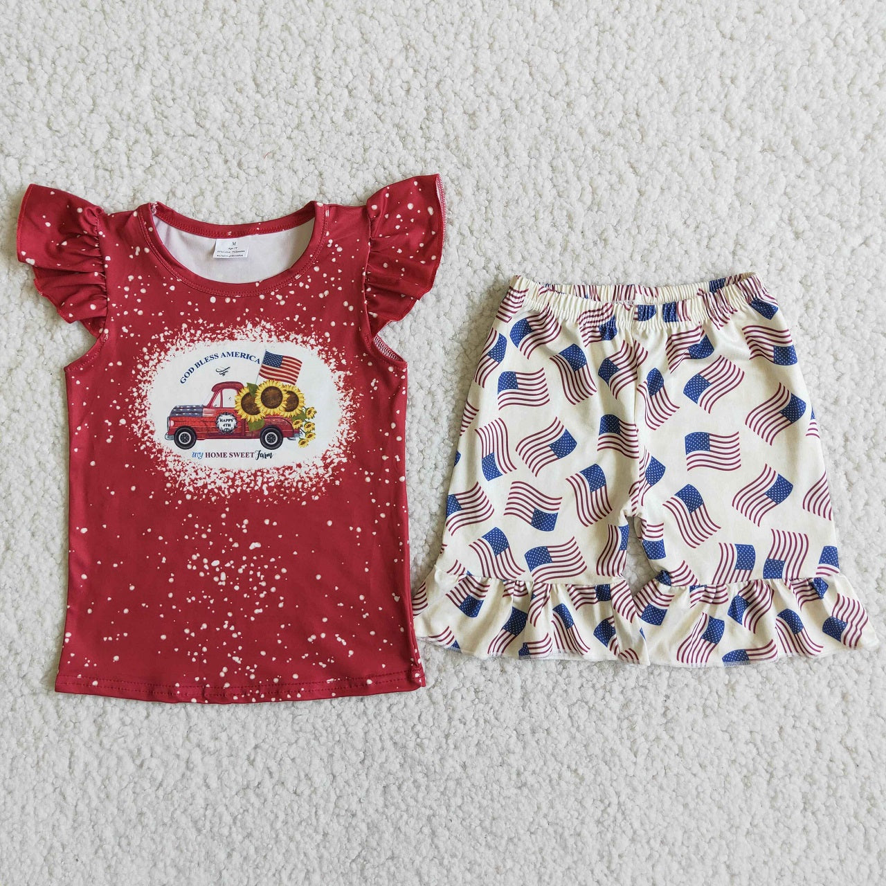 Promotion Baby Girl Sunflower Truck Shirt Flags Shorts July 4th Set