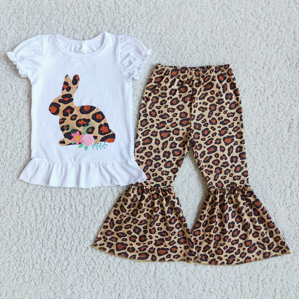 Promotion D9-20 Easter Baby Girl Short Sleeves Rabbit Shirt Leopard Bell Pants Set