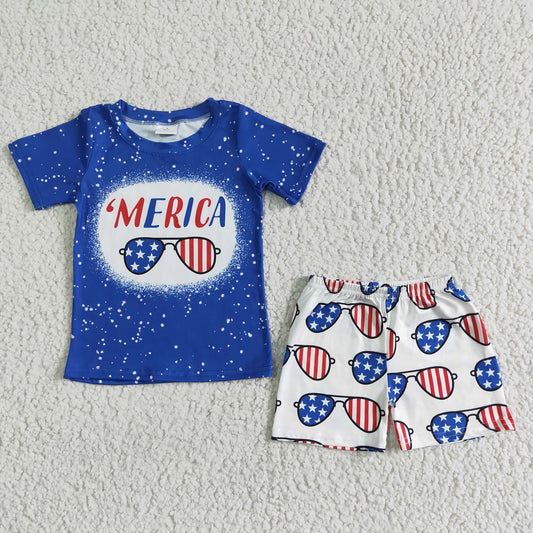 Promotion Baby Boy Blue Short Sleeves Shirt Shorts July 4th Glasses Outfit