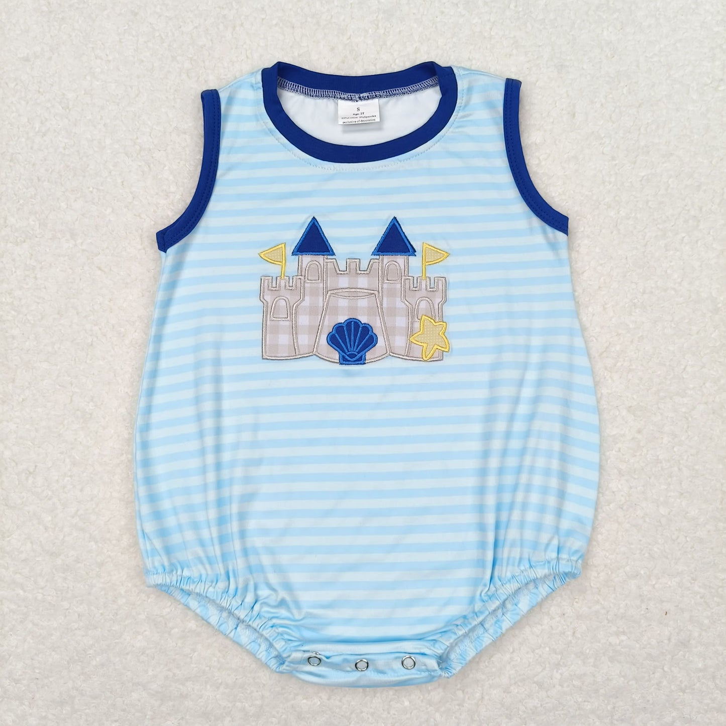 Baby Girl Short Sleeves Embroidery Castle Stripes Bubble One Piece Romper