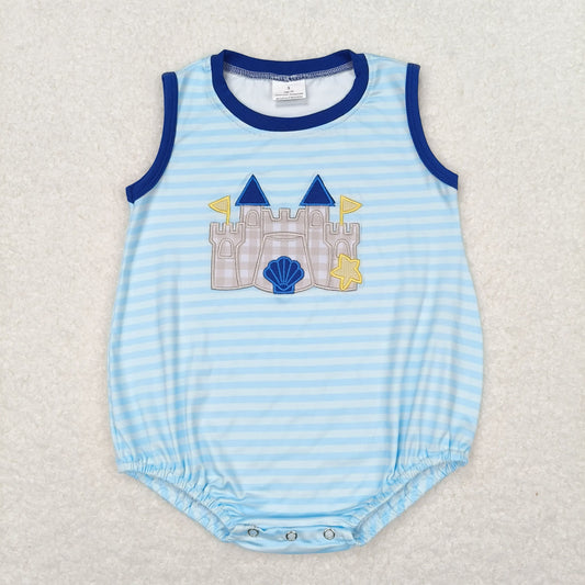 Baby Boy Sleeveless Embroidery Castle Stripes Blue Bubble One Piece Romper